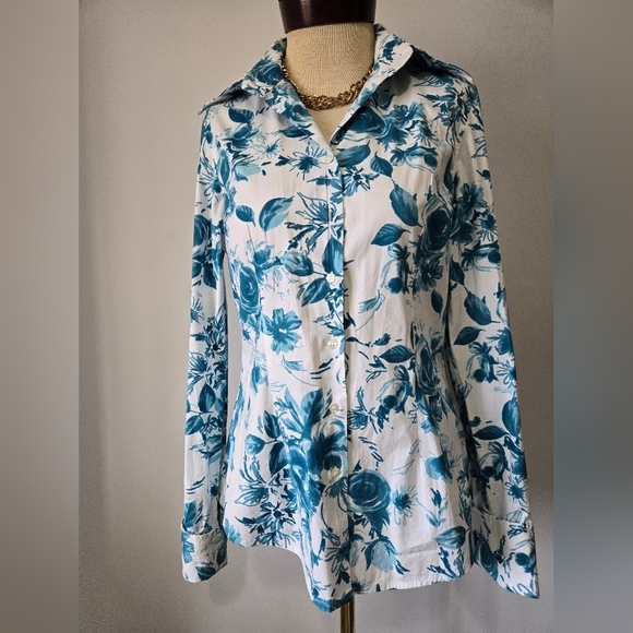 HAWKES & CURTIS London Hipster Floral White and Blue Women's Dress Shirt.Size 8 - Picture 2 of 12